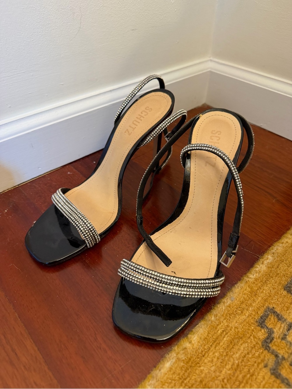 SCHUTZ Black Patent Rhinestone Strap Heels